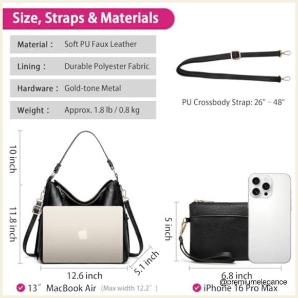 Large Hobo Tote Bag with Wallet Set, Adjustable Strap, Multi-Pocket Design - Picture 4 of 7